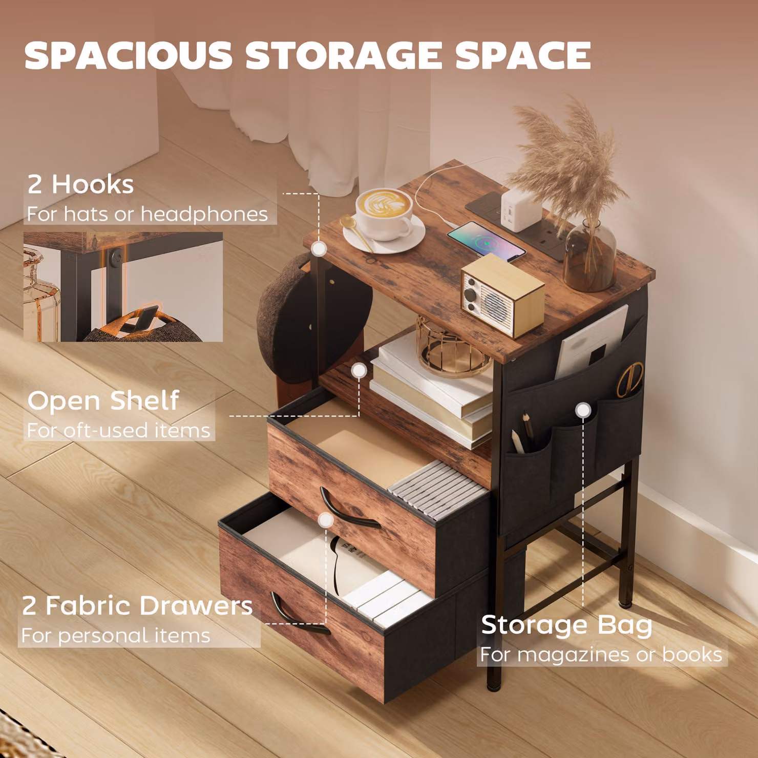 HOMCOM Industrial Bedside Table with Charging Station in Brown, W/D/H: 40 x 30 x 40 cm – 6