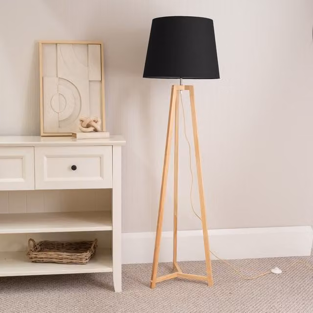 ValueLights Lottie Modern Floor Lamp with Wood Base and Black Fabric Cone Shade including LED Bulb