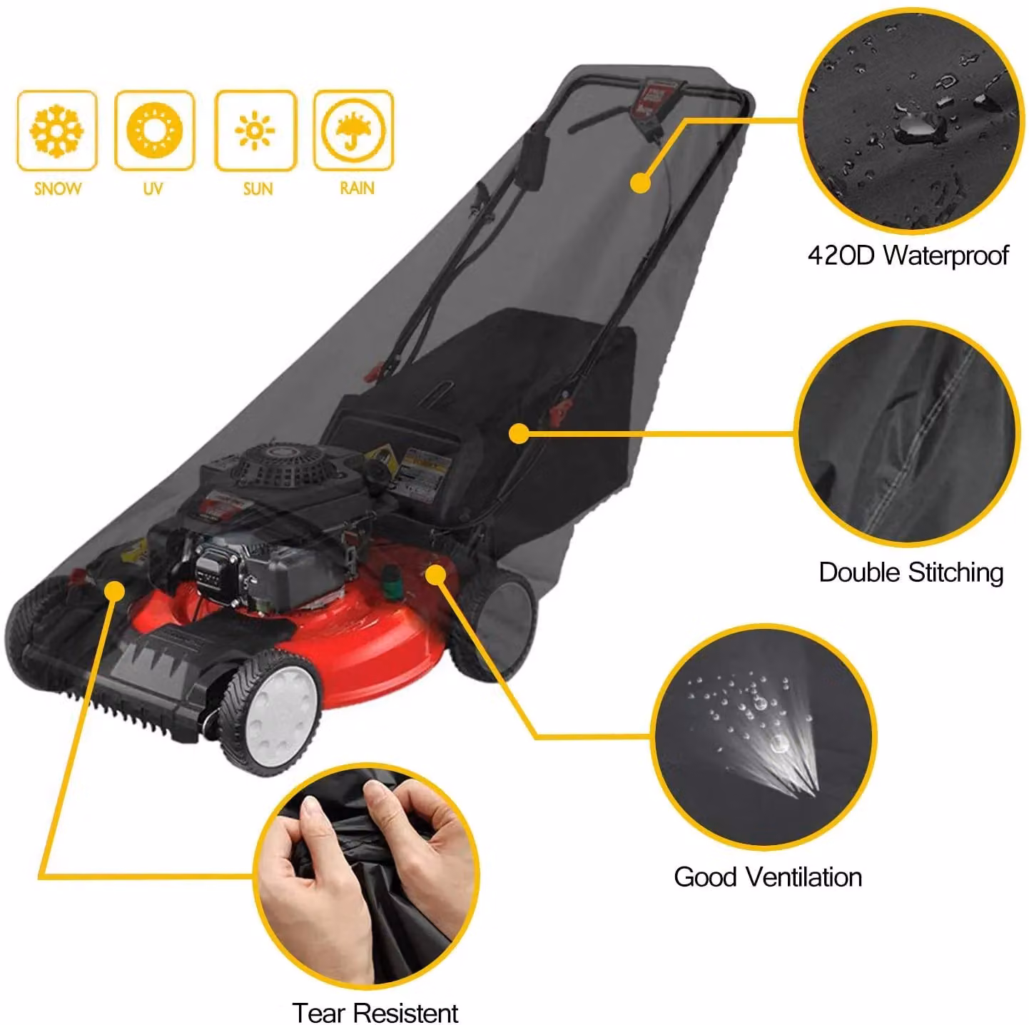 FURNITURE ONE Men's Lawnmower Cover in Black, 420D Polyester Oxford with PU Coating and Storage Bag, W/D/H: 188 x 99 x 64 cm – 3