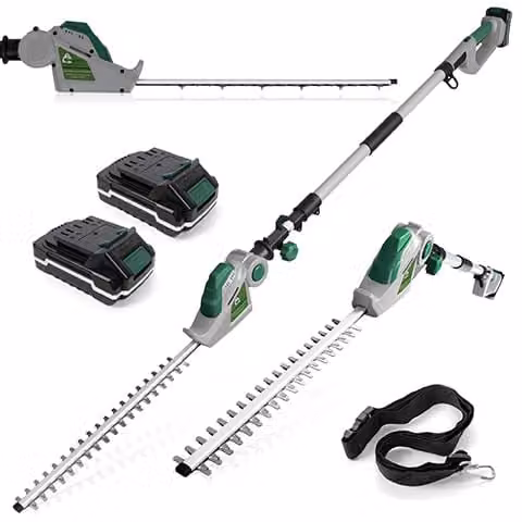 Gracious Gardens 18V Long Reach Cordless Reciprocating Hedge Trimmer in Grey and Green with 2 Rechargeable Batteries and Quick Charger – 1