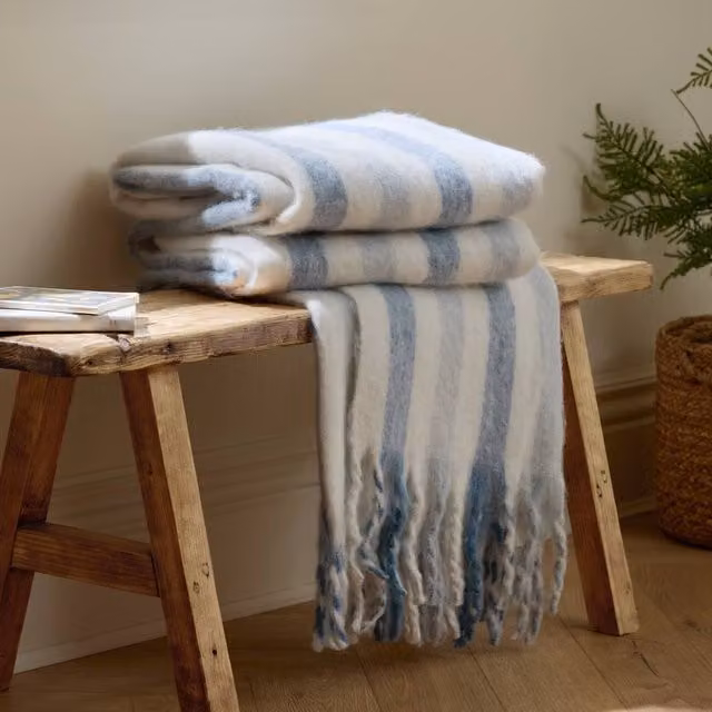 Wylder Beechwood Blue Woven Striped Cotton Throw with Fringes, W: 140 cm, D: 180 cm
