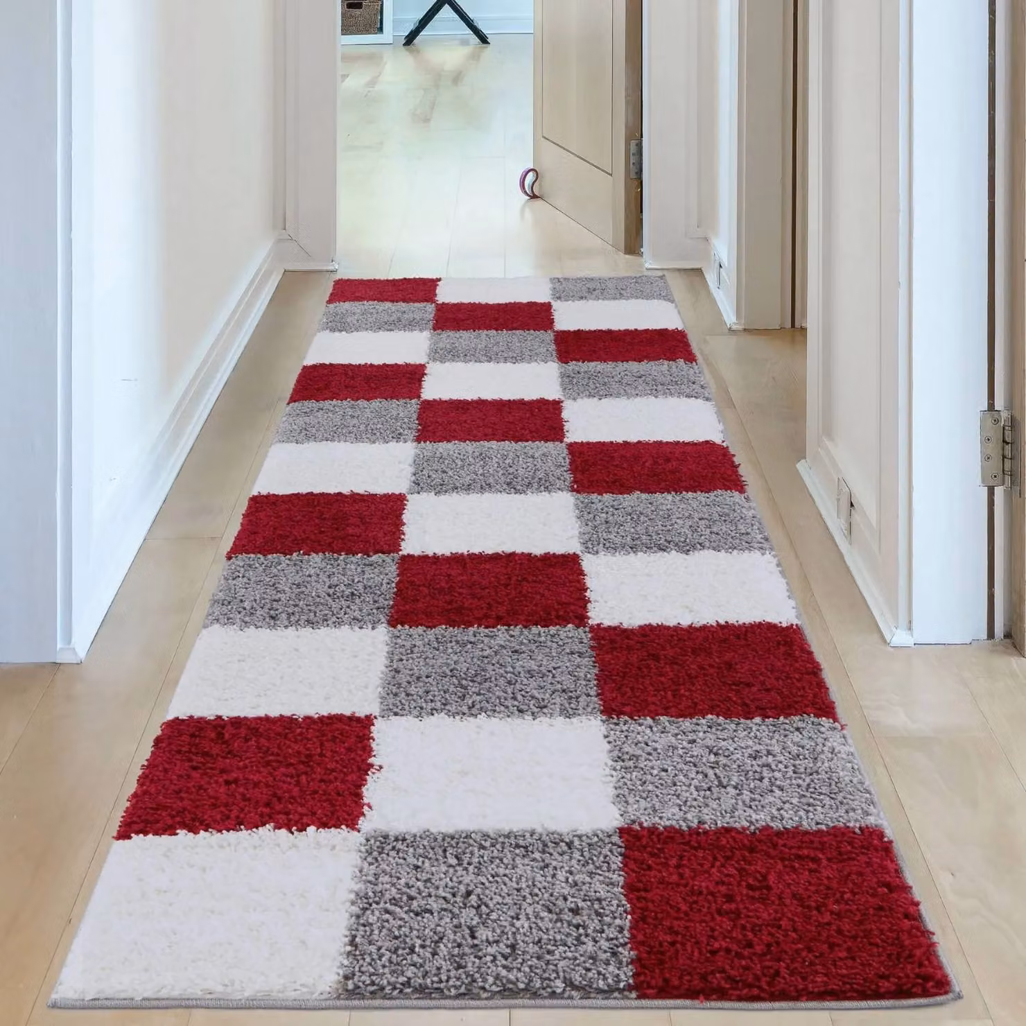 THE RUGS Soft Check High Pile Shaggy Rug Red Multicolour W/D/H: 80 x 300 x 3 cm – 9
