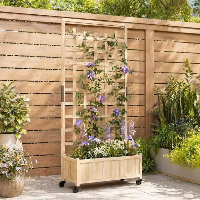 STILVORA Wooden Planter with Trellis and Wheels in Brown, Beige and Multicolour, H: 186.0 cm x W: 77.5 cm x D: 25.5 cm