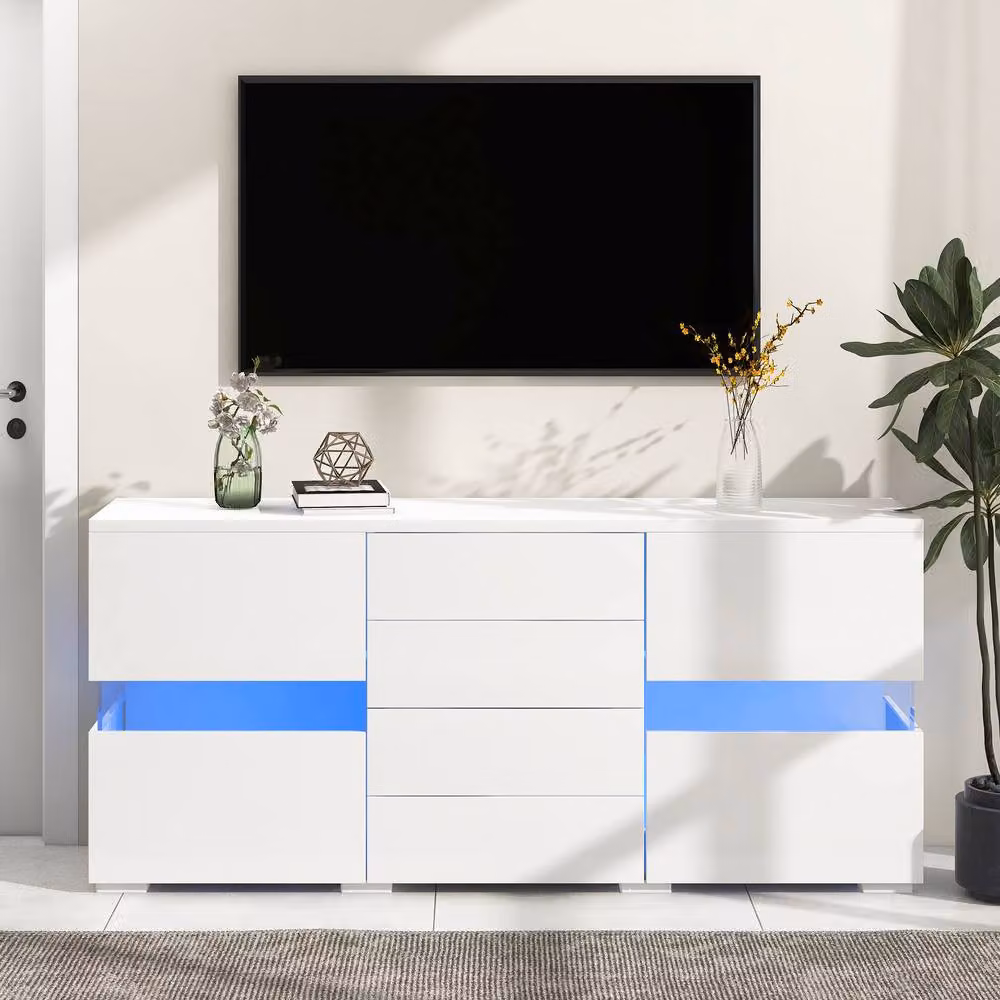 ModernLuxe White Glossy Wood Sideboard Cabinet with Integrated LED Lights, Drawers and Doors, W/D/H: 140 x 35 x 72 cm – 6