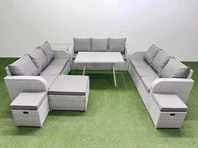 Fimous 12 Seat Outdoor PE Rattan Garden Furniture Set with Side Table and 3 Stools in Light Grey