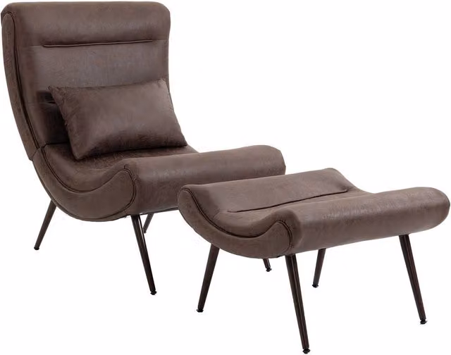 HOMCOM Modern Brown Synthetic Leather Accent Chair with Ottoman and Lumbar Pillow, Seat Width: 64 cm – 1