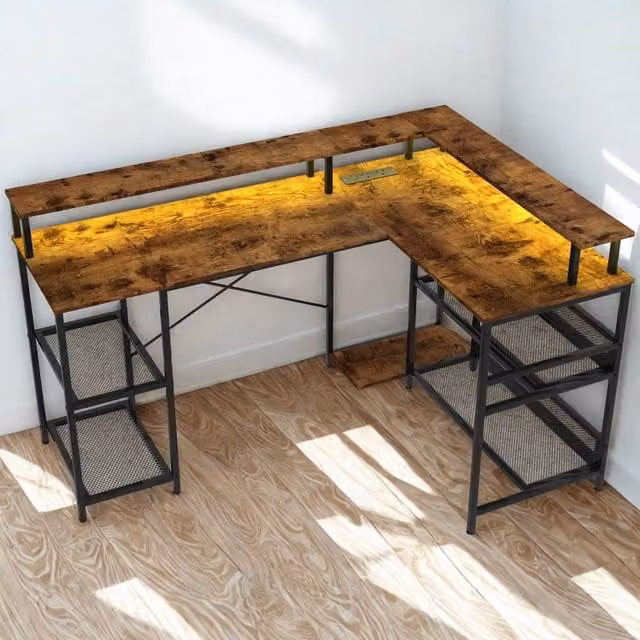 FURNOS Industrial L Shaped Corner Computer Desk with USB Outlets and LED Lights, Brown, W: 150 cm, D: 102 cm, H: 76 cm – 1