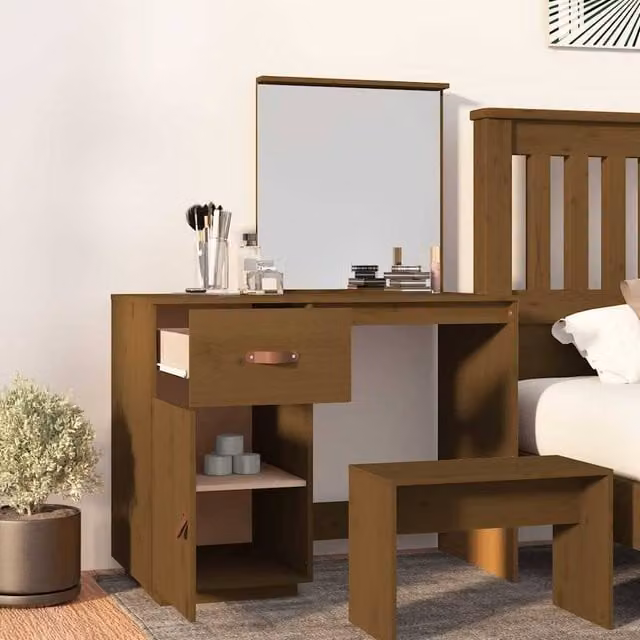 Berkfield Home Beautiful Dressing Table in Honey Brown Solid Pine, W/D/H: 95 x 50 x 134 cm