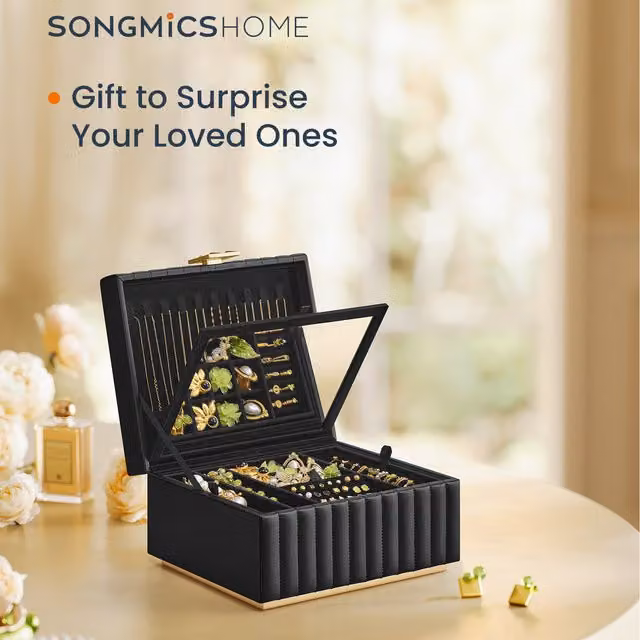 SONGMICS HOME 2-Tier Wood Jewellery Box with Mirror and Removable Tray, Black
