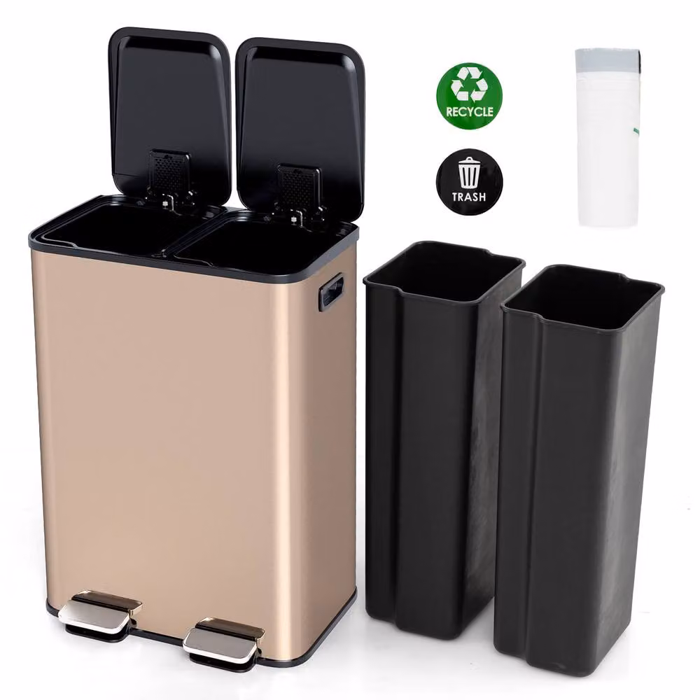 Costway 60L Dual Compartment Pedal Trash Bin with Soft Close and Fingerprint Proof Stainless Steel in Gold – 3