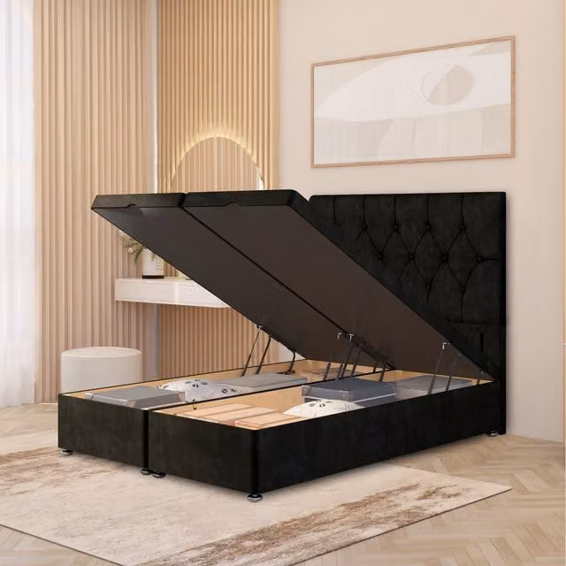 Somnior Beds Ltd Chesterfield Velvet Ottoman Bed with Gas Lift and Floor Standing Headboard, Black, W/D/H: 140 x 200 cm