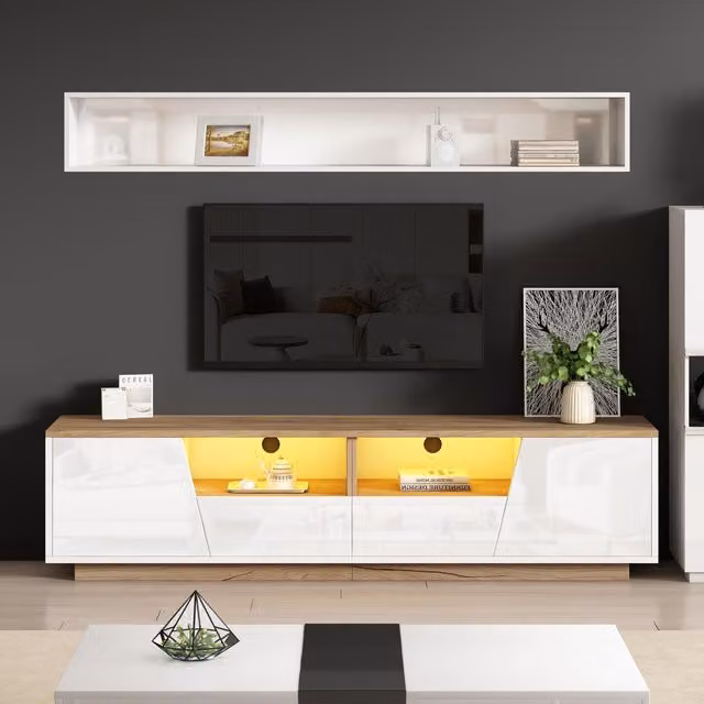 Aosom UK LED TV Stand with App-Controlled Ambient Lighting and Cable Management, White and Oak, W: 180 cm, D: 40 cm, H: 46 cm – 1