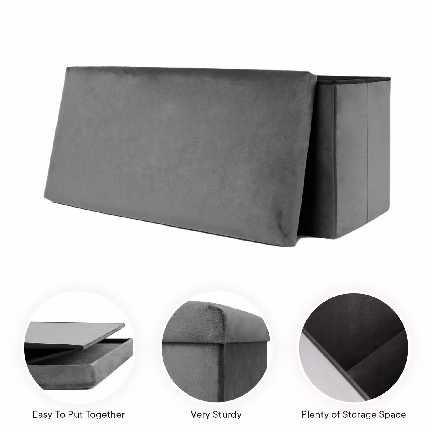 OHS Large Rectangular Velvet Ottoman Storage Box in Charcoal Grey, W/D/H: 80 x 40 x 40 cm – 6