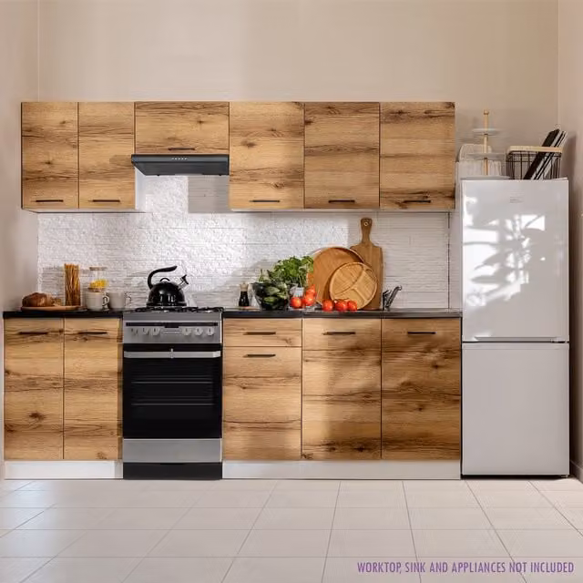 Heze Furniture Summer 7 Unit Modern Kitchen Cabinet Set in Glossy Oak Brown and Grey