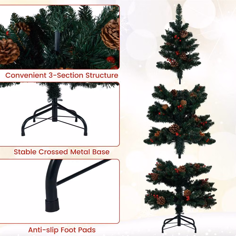 Gymax 5 FT Prelit Christmas Tree with 584 Branch Tips, Pine Cones and Red Berries in Green – 8