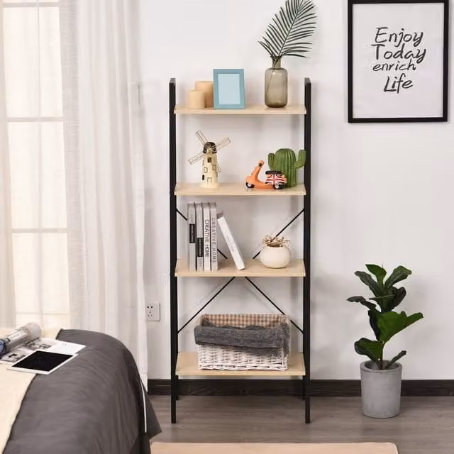 HOMCOM 4 Tier Minimalist Ladder Shelf Unit in Natural Wood and Metal