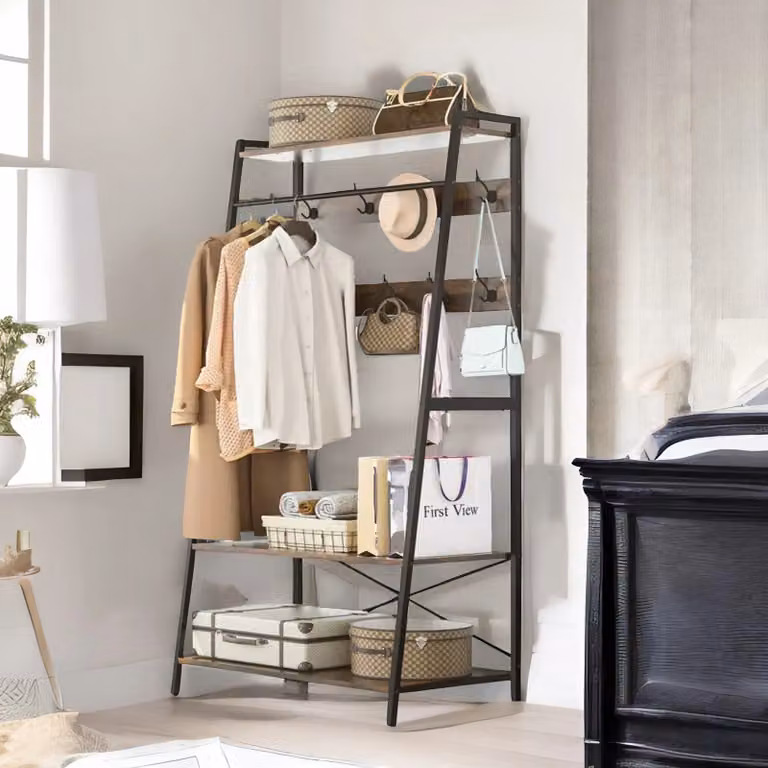 Pirlo Plush Industrial Heavy Duty Metal Clothes Rail Open Wardrobe with Shelves in Brown