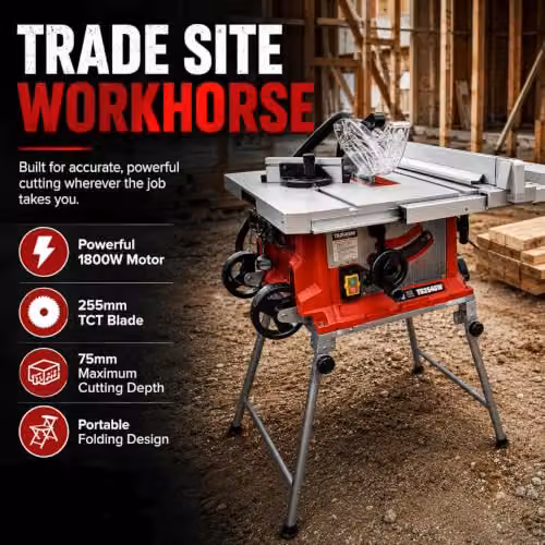 Lumberjack 254mm Portable Folding Table Saw, 1800W, Red – 2