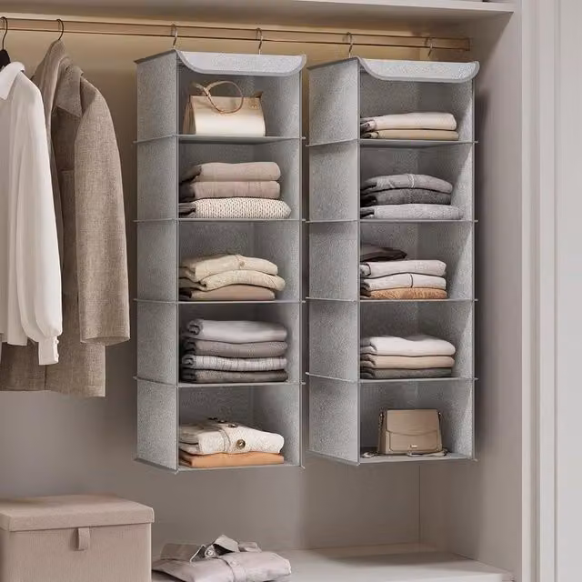 SONGMICS Vertical Closet Organizer Hanging Storage Collapsible Shelves in Light Grey