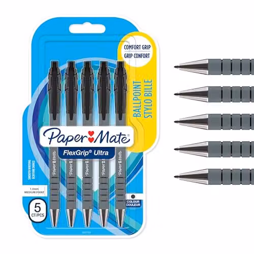Paper Mate Flexgrip Ultra Retractable Ballpoint Pens, Black, 5 Pack