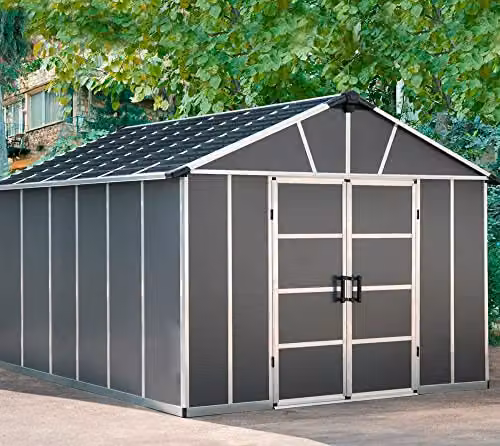Palram Yukon Metal Tool Shed with Polycarbonate Panels and Double Doors, Grey, W: 332 cm, L: 395 cm, H: 252 cm – 2