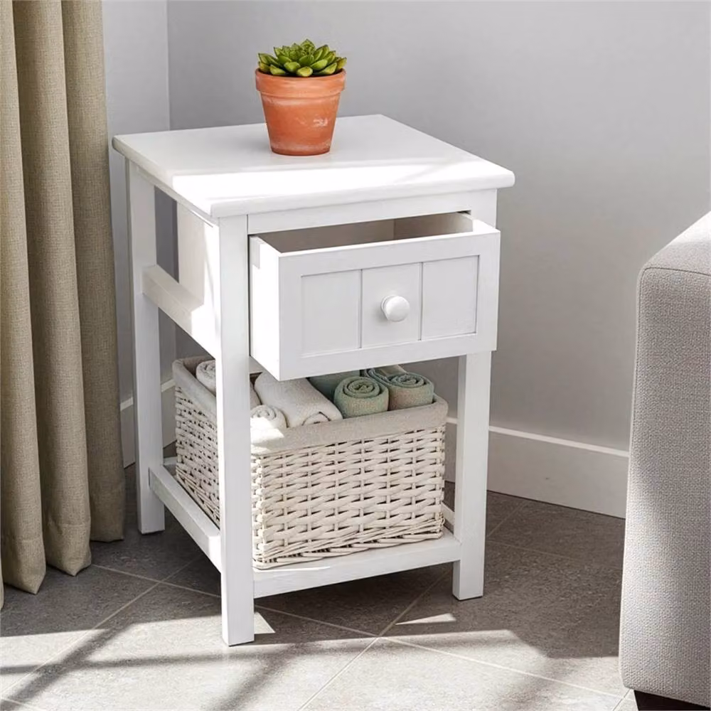 VOGREX Shabby Chic Bedside Table with White Wicker Basket Drawer – 3