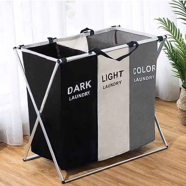 Livingandhome Collapsible 3 Section Laundry Hamper Basket in Black and Multicolour