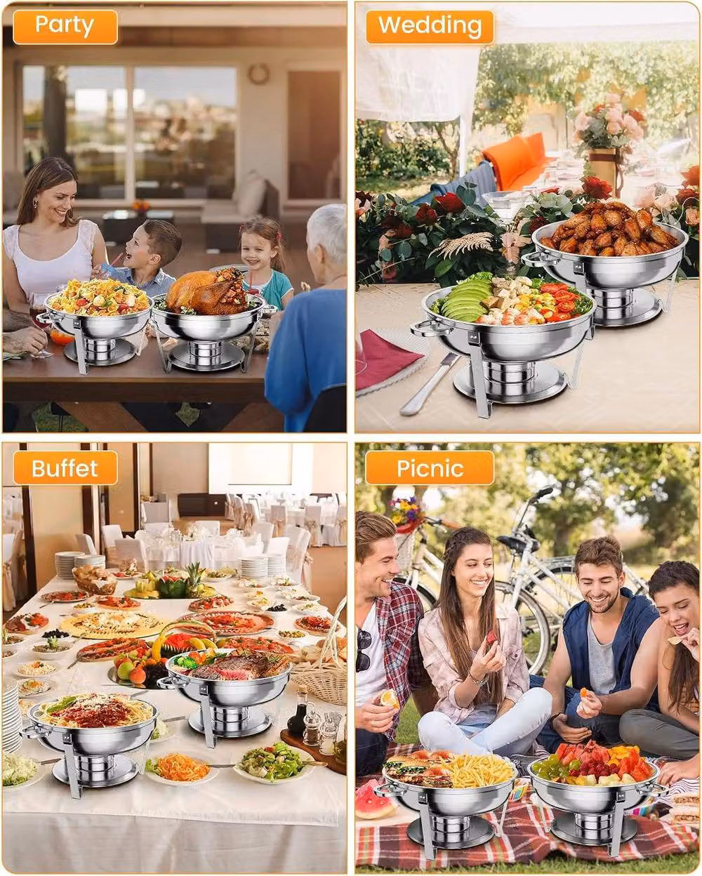 London Boutique 4CS Stainless Steel Chafing Dish Set, 5L Round Buffet Warmer with Lid Holder in Silver – 4