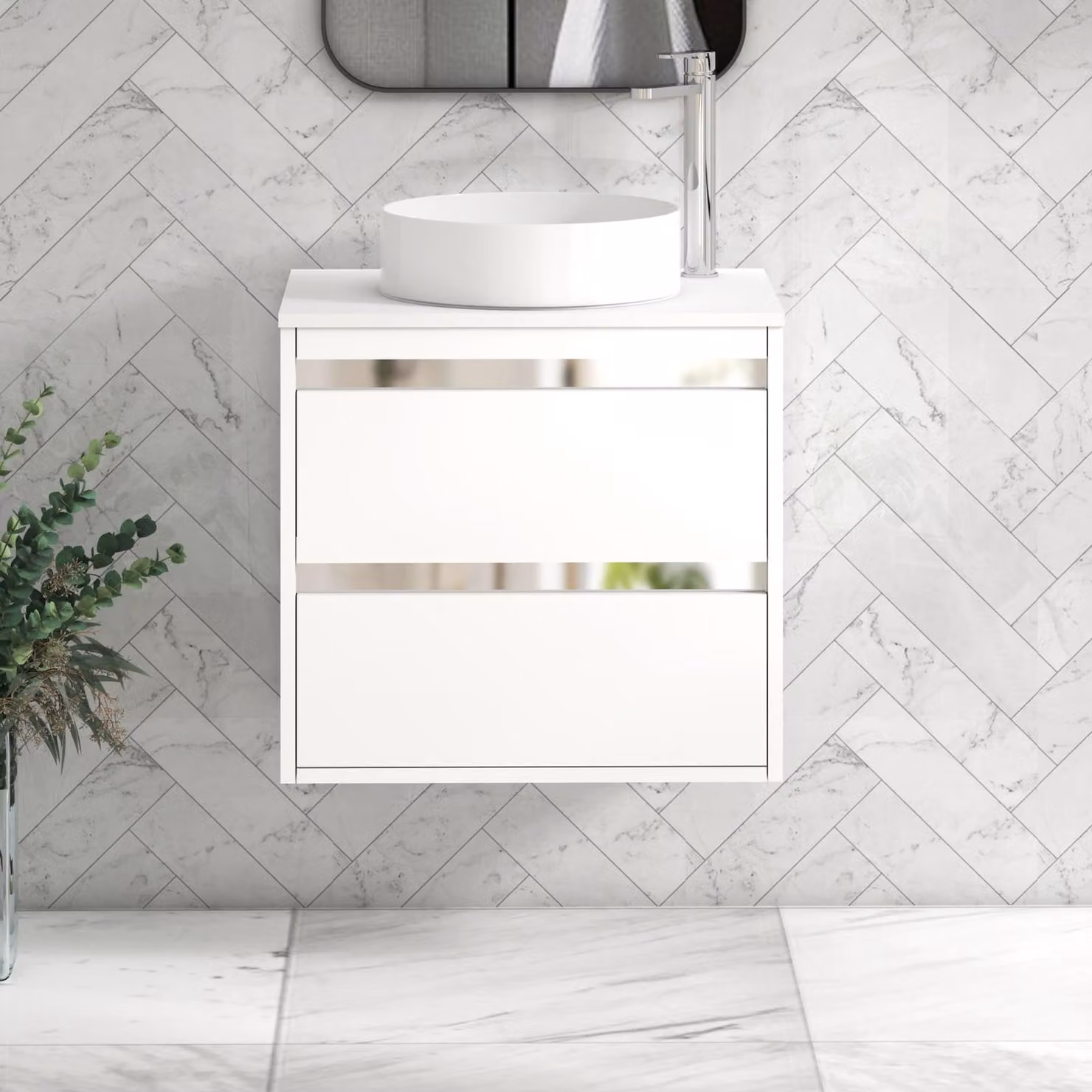 Royal Bathrooms Orion 600mm Matt White Wall Hung Vanity Unit with 2 Drawers and Plain White Undrilled Worktop