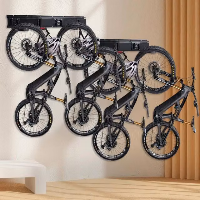 Kelvenix Wall Mounted Bike Storage Rack in Black for 4 Bicycles and 3 Helmets – 1