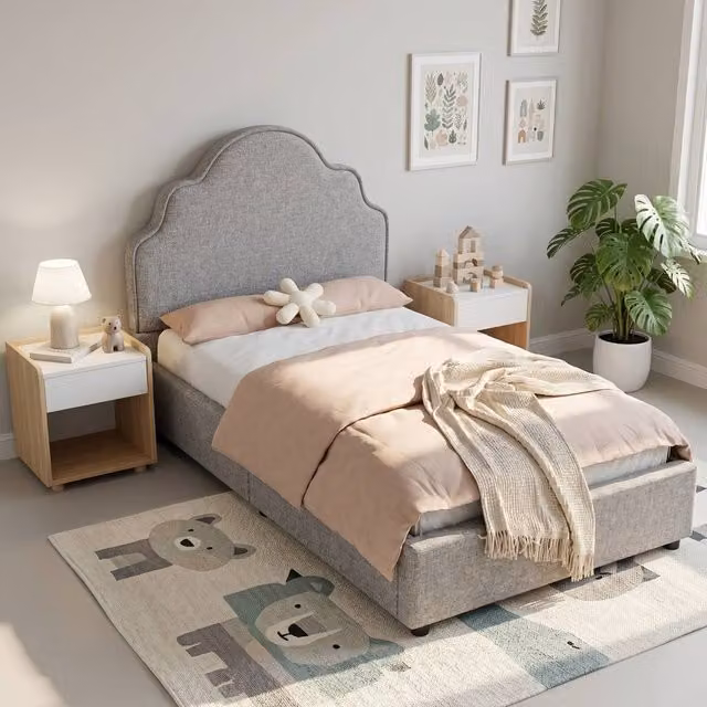 Merax Upholstered Single Bed Frame in Grey and Beige with Curved Headboard, W/D/H: 90 x 190 x 100 cm – 1