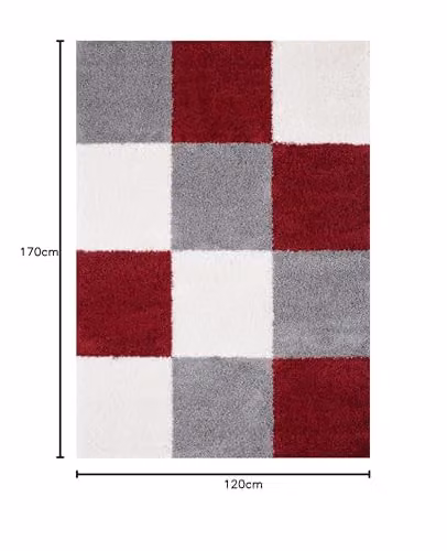 THE RUGS Modern Checked High Pile Shaggy Area Rug, Red and Grey, W/D/H: 120 x 170 x 3 cm – 3