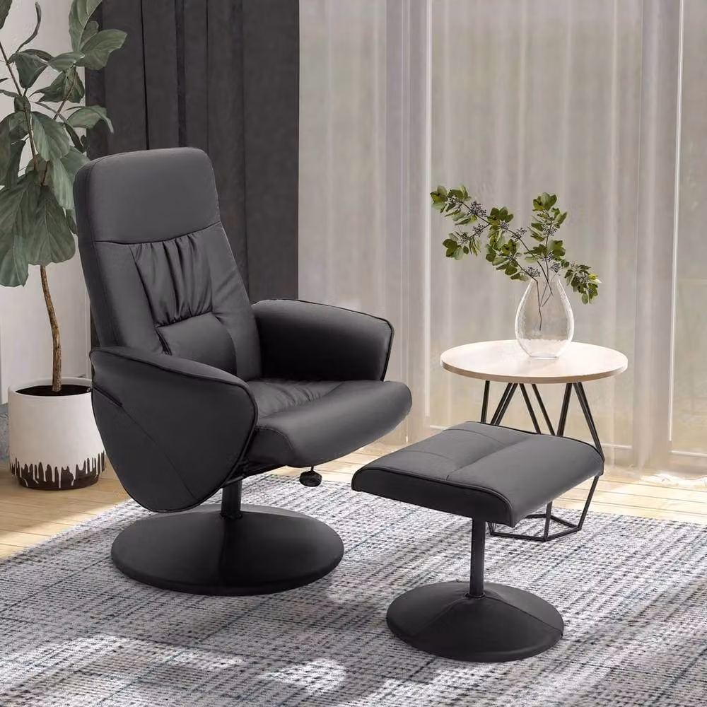 NESTLUNE Black PU Leather Swivel Recliner Armchair with Ottoman – 6