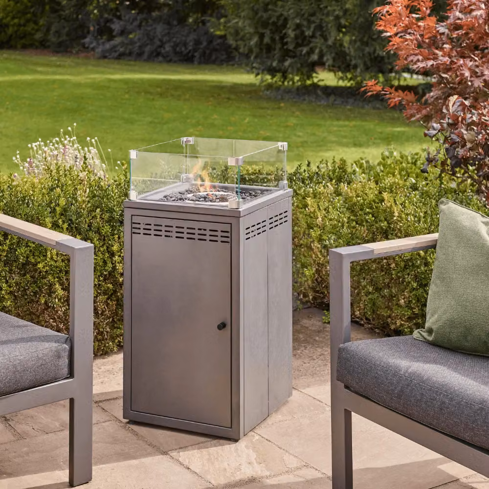 Leisure Grow Savannah Gas Firepit Heater Fire Table in Grey and Black Steel and Glass