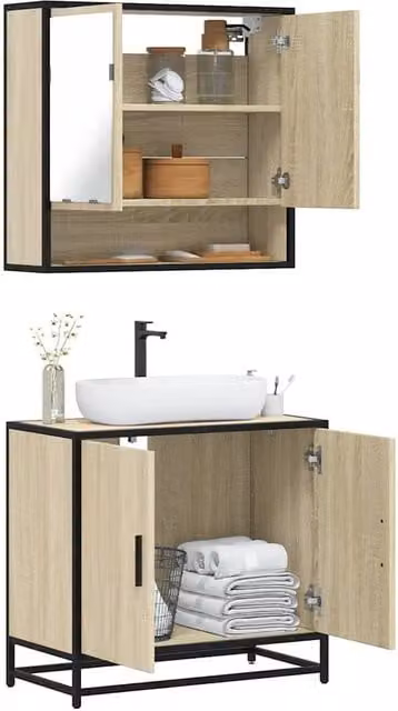 Berkfield Home 2 Piece Industrial Bathroom Furniture Set with Vanity Unit and Mirror Cabinet in Sonoma Oak Brown – 1