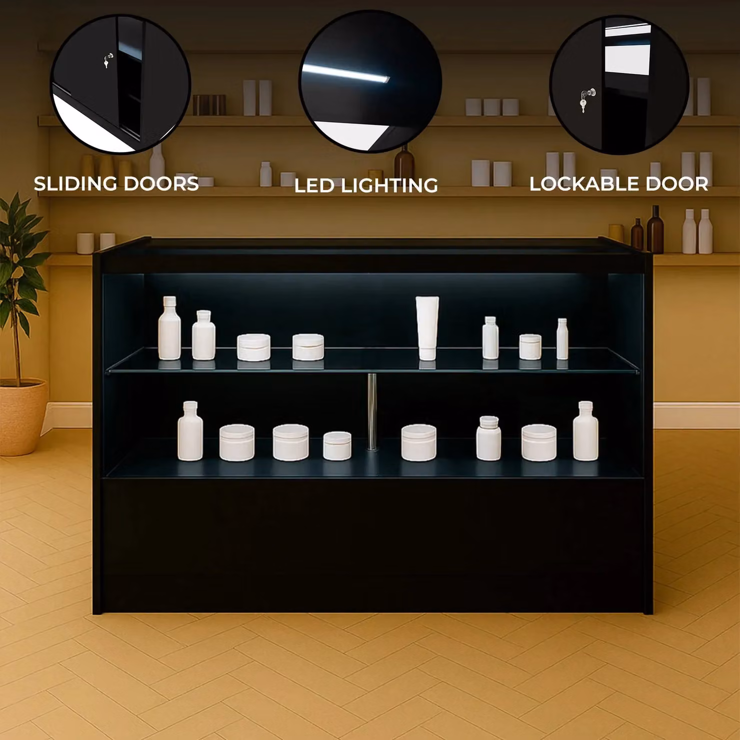 Monstershop C1500 LED Retail Shop Counter in Black with Glass Sliding Doors and Integrated Lighting – 2