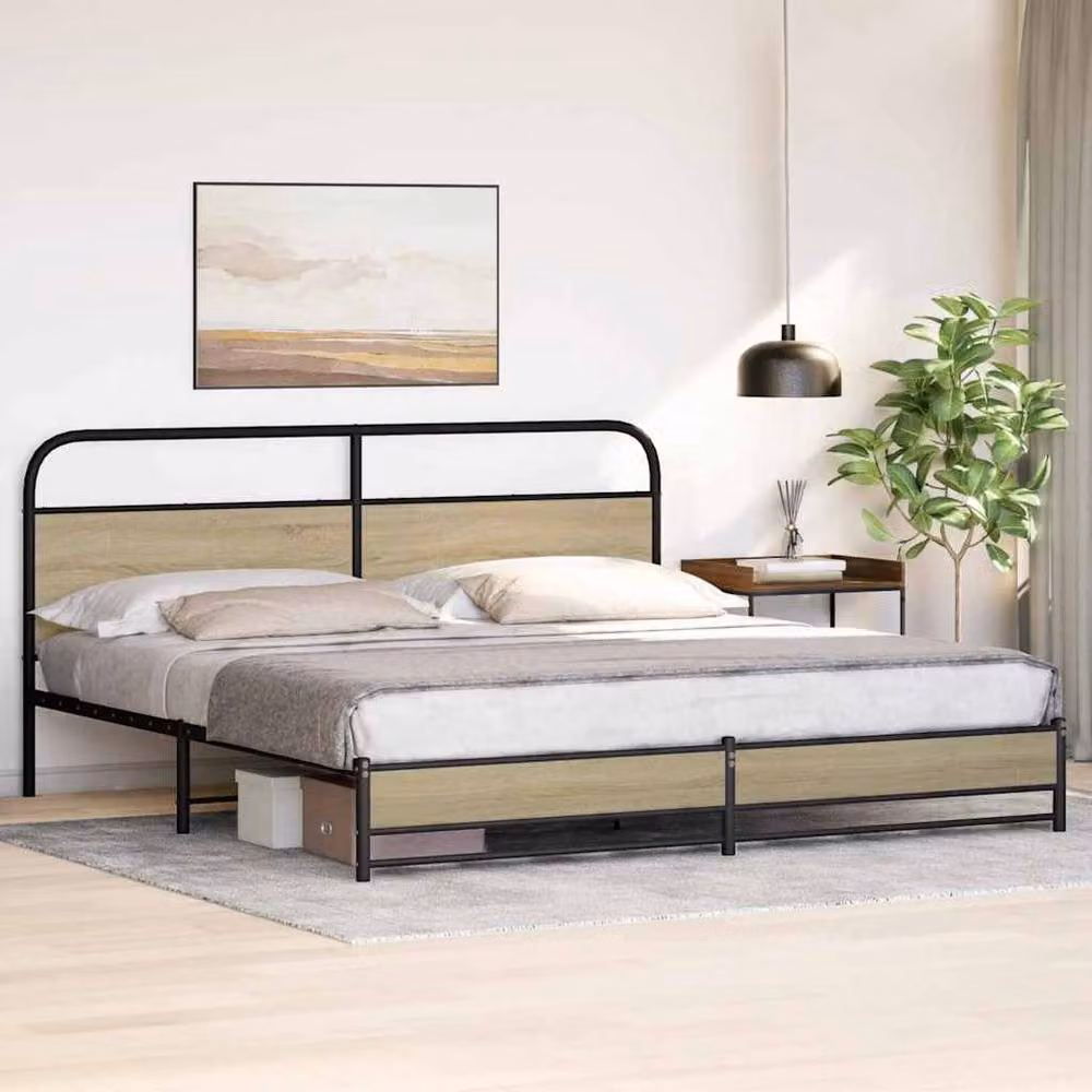 Berkfield Home Metal Bed Frame in Sonoma Oak and Light Tan, W/D/H: 180 x 200 cm – 3