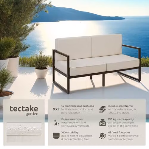 tectake 2 Seater Garden Sofa in Beige with Powder Coated Steel Frame and Upholstered Foam Cushions – 3