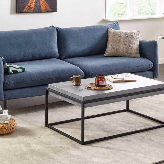 Wyld and Coco Grey Concrete Effect Coffee Table with Black Metal Frame, W: 115 cm, D: 64 cm