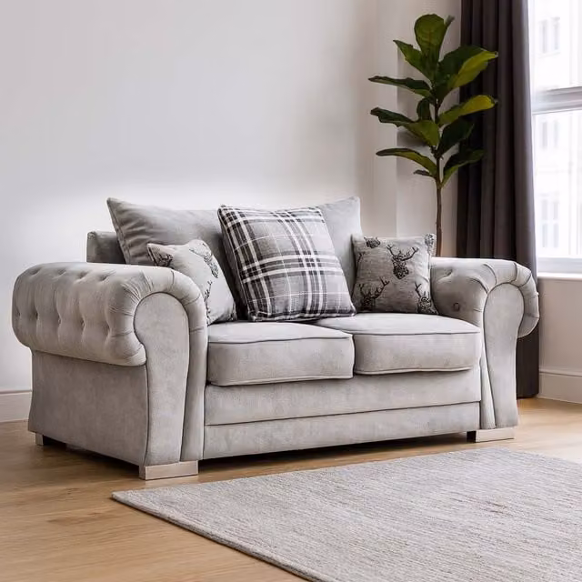 Furnishings For Less UK Milan Grey Fabric 2 Seater Chesterfield Style Sofa with Scatter Cushions