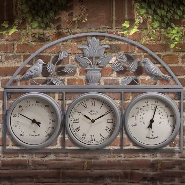 Garden Gear Wyegate Outdoor Weather Station Clock with Thermometer and Hygrometer in Grey Metal