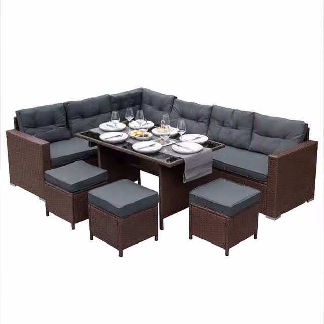 Monstershop Modern Rattan Corner Set in Brown and Grey with Glass Details