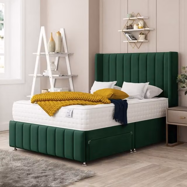 Bed Choices Brisbane Upholstered Velvet Divan Bed with 2 Drawers, Mattress and 54 inch Headboard in Green, W/D/H: 200 x 200 x 183 cm