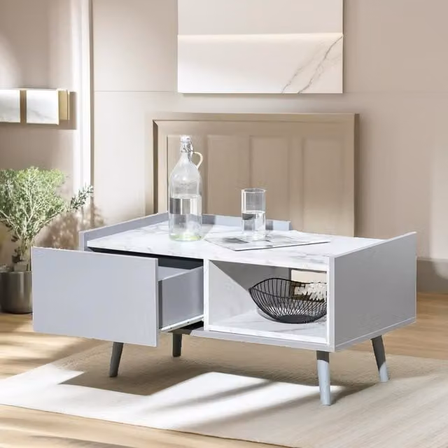 Pirlo Plush Faux Marble Coffee Table with Storage Shelf and Drawer in Light Grey, W: 80 cm, D: 45 cm, H: 40.5 cm – 1