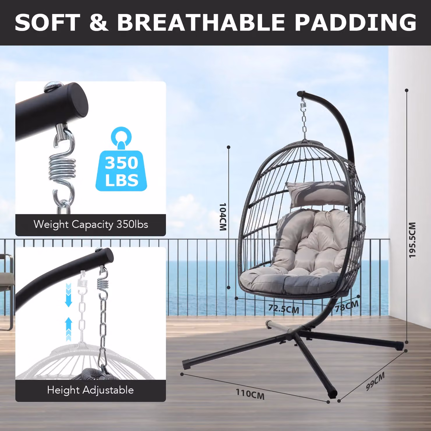Leaper Foldable Hanging Egg Chair Swing Chair with Stand in Grey – 3