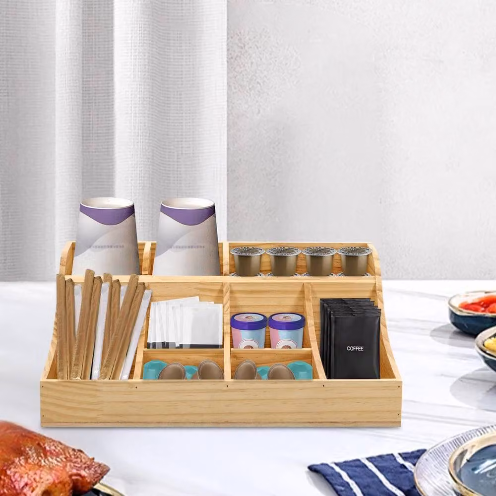 FLAVORA Pine Wood Condiment Organiser with 9 Compartments in Natural Brown, Width: 50 cm – 3