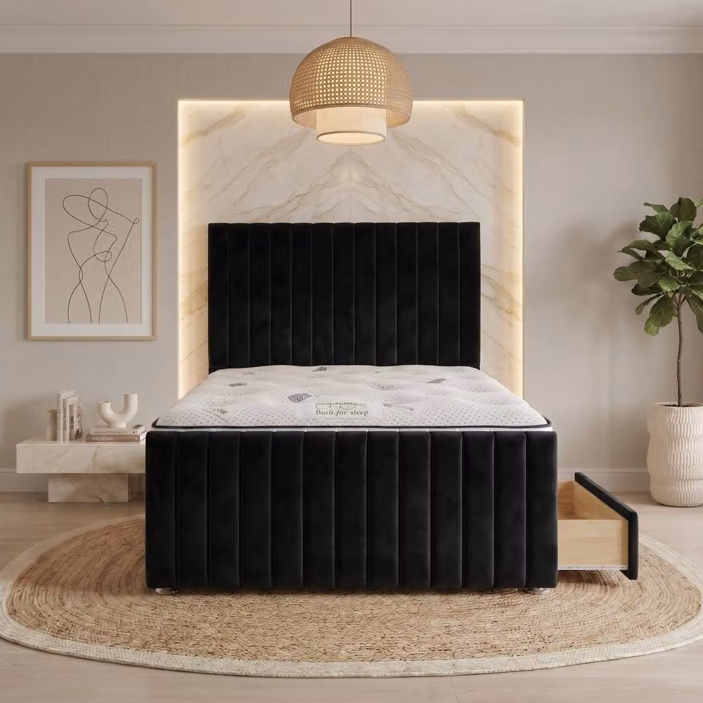 Somnior Eleanor Black Velvet Divan Bed with 2 Drawers and Hybrid Mattress, W/D/H: 90 x 190 x 55.88 cm – 2