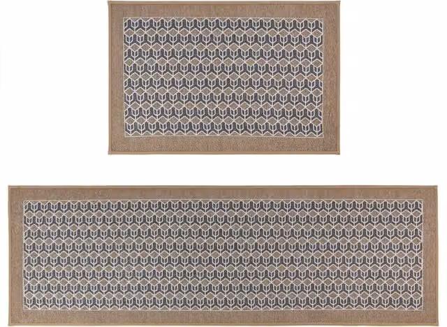 JVL Allure Machine Washable Non-Slip Doormat and Runner Set in Beige and Brown with Geometric Graphic Design