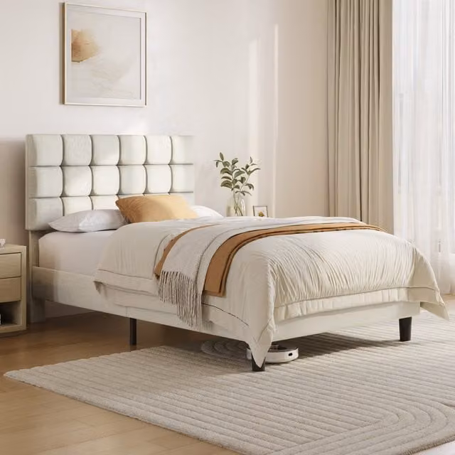 Yaheetech Modern Upholstered Platform Bed with Square Tufted Headboard in Beige and White