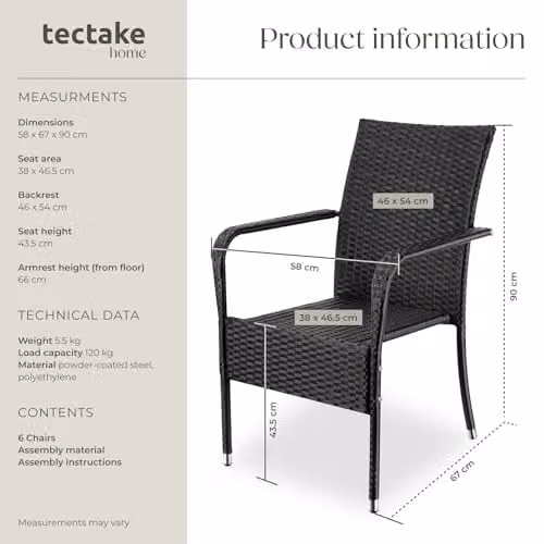 tectake Set of 6 Modern Rattan Garden Chairs in Black and Grey with Metal Frame for Garden, Balcony or Terrace, H 90.0 x W 67.0 x D 58.0 cm, W/D/H: 67.0 x 58.0 x 90.0 cm – 2
